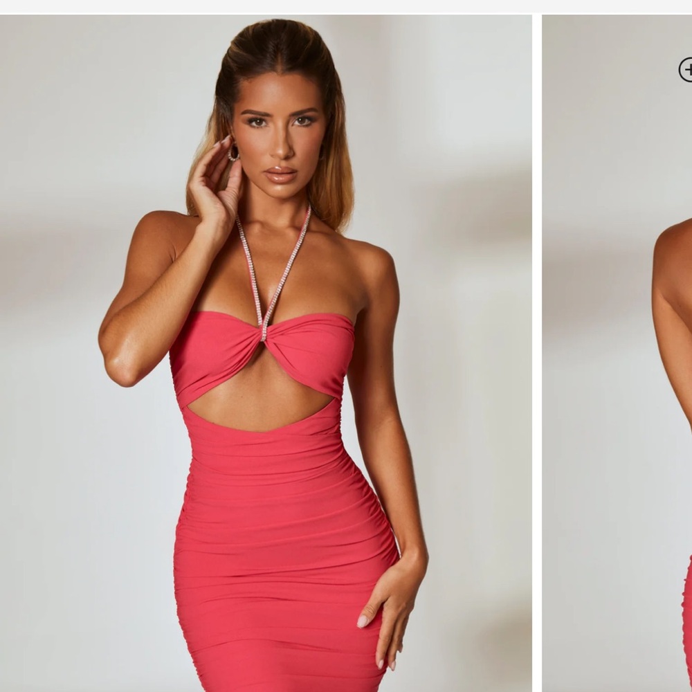 OHPOLLY Halter Neck Embellished Mini Dress in Hot Pink